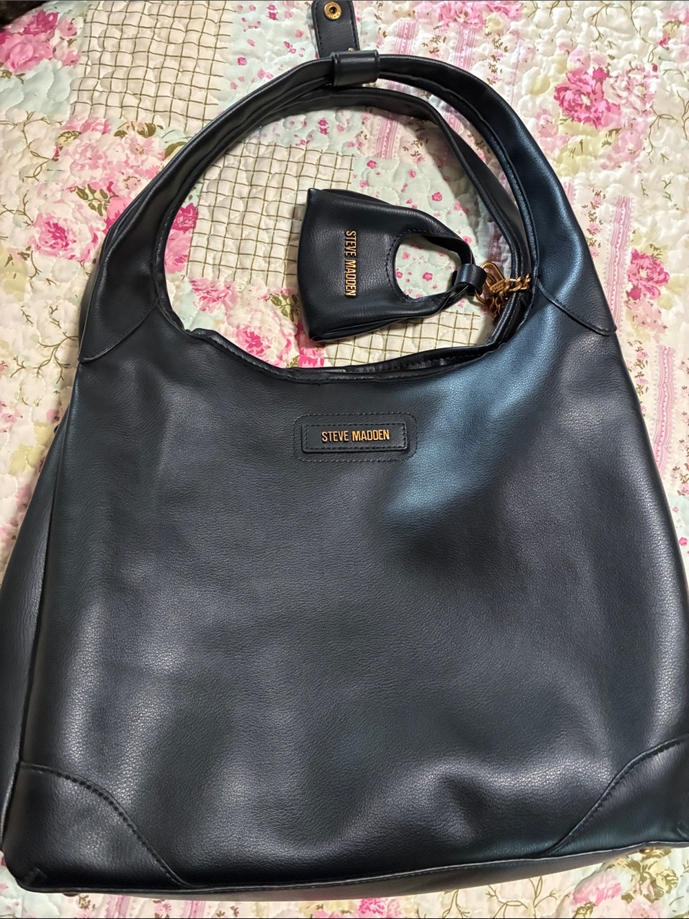 Steve Madden Black Faux Leather Shoulder Hobo with Mini Charm